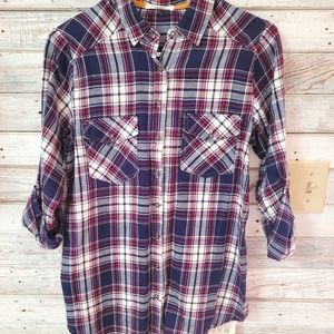 Taylor and Sage plaid button down shirt with lace detail on the back. Medium